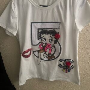 Vintage White Tee with Cartoon and Sequin Details